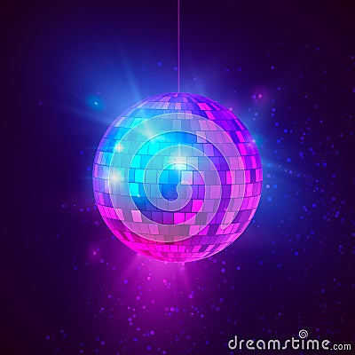 Disco ball with bright rays and bokeh. Music and dance night party background. Abstract night club retro background 80s and 90s Vector Illustration