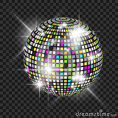 Disco ball with glow. Really transparency effect. Disco background. Template for your design Vector Illustration