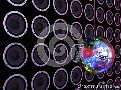 Disco ball and loudspeakers Stock Photo