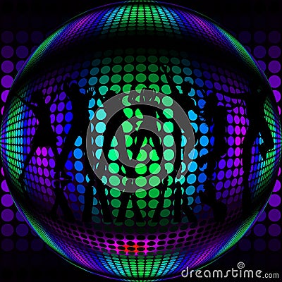 Disco Ball with silhouette dancers Stock Photo