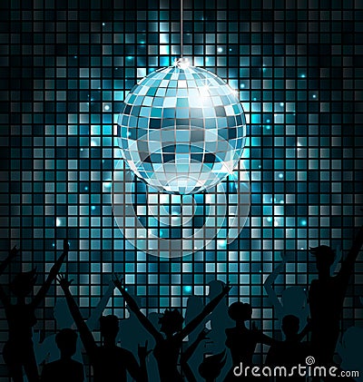 Disco Ball with Silhouettes of People Dance. Party Glowing Lights Background Vector Illustration