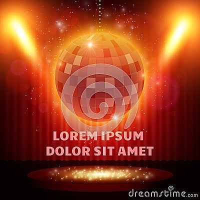 Disco ball on stage with spotlight effect background Cartoon Illustration