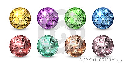 Disco balls. Night club glitter discoballs. Shiny equipment for dance party. Sphere from square and triangular pieces of colorful Vector Illustration