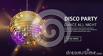 Disco banner. Mirrorball party disco ball invitation card celebration fashion partying poster template dance club Vector Illustration