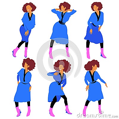 Disco dancing african american girl in blue dress and pink boots in different poses Vector Illustration