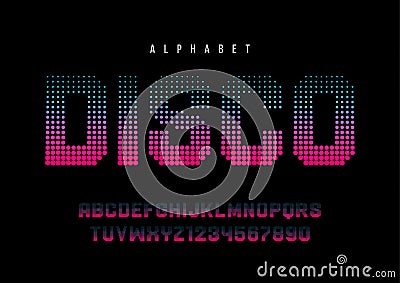 Disco dotted halftoned display font design, alphabet, typeface, Vector Illustration