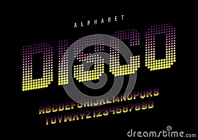 Disco dotted halftoned display font design, alphabet, typeface, Vector Illustration