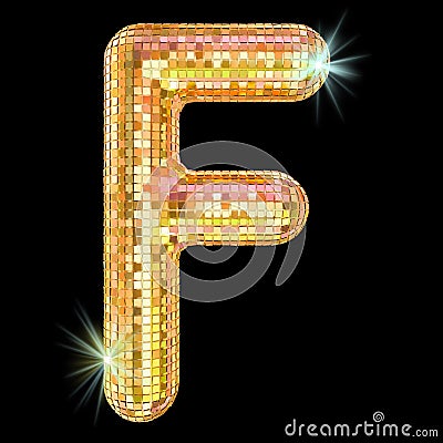 Disco font, letter F from golden glitter mirror facets. 3D rendering Stock Photo