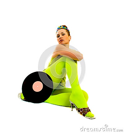 Disco girl with vinyl Stock Photo