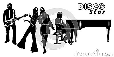 Disco Group Silhouettes Set. Guitarist, pianist and two singer women Vector Illustration