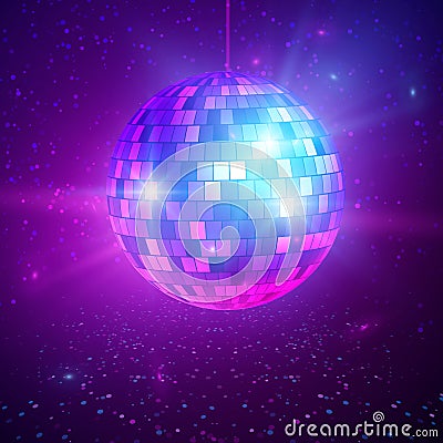 Disco or mirror ball with bright rays. Music and dance night party background. Abstract night club retro background 80s and 90s Vector Illustration