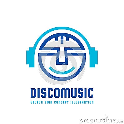 Disco music - vector logo concept illustration in flat style design. Audio mp3 sign. Modern sound icon. Dj symbol. Human head. Vector Illustration