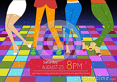 Disco party flyer. Feet of people dancing on club party. Unrecognizable Vector Illustration