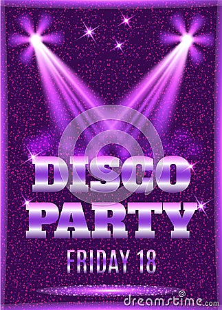 Disco party poster template with shining spotlights. Vector Illustration