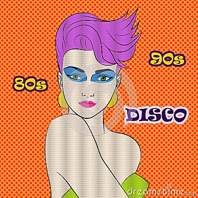 Disco party 80s 90s club music advertising promo creative poster with young attractive girl vector illustration Vector Illustration