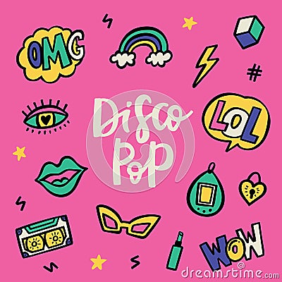 Disco pop 90s stile doodle sticker set Vector Illustration