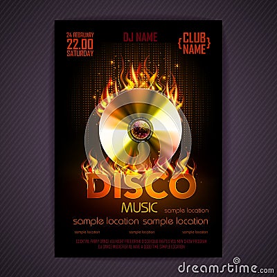 Disco poster fire background. Burning Disck or record Vector Illustration