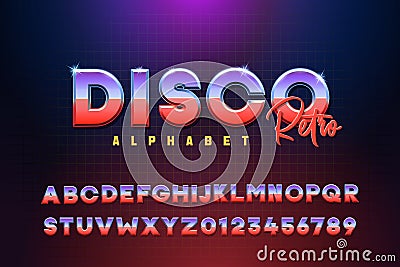 Disco Retro vector alphabet. Modern font with blue, purple and red color. Metallic chrome effect with color gradient. Gaming, Vector Illustration