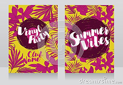 Disco style invitations in trendy tropical style Vector Illustration