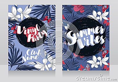 Disco style invitations in trendy tropical style Vector Illustration