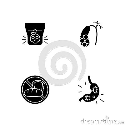 Discomfort in abdomen black glyph icons set on white space Vector Illustration