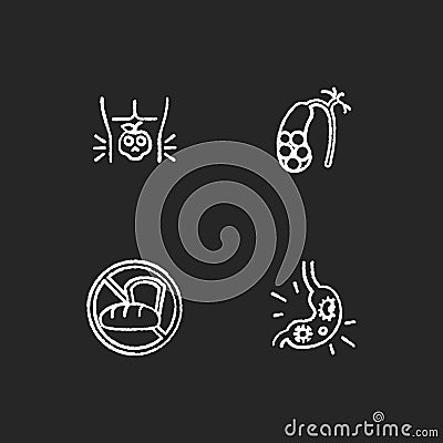 Discomfort in abdomen chalk white icons set on black background Vector Illustration