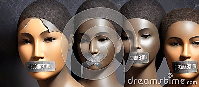 Disconnection - Censored and Silenced Women of Color. Standing United with Their Lips Taped in a Pow Stock Photo