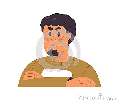 Discontent dissatisfied man with grumpy displeased facial expression. Person with annoyed frowning face, gloomy unhappy Vector Illustration