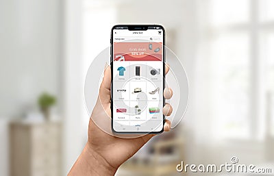 Discount ad on store app concept. Woman holding smartphone and shopping online Stock Photo