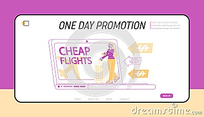 Discount Airline Offer, Cheap Flight, Travel Budget Landing Page Template. Tiny Female Character Stand at Huge Laptop Vector Illustration