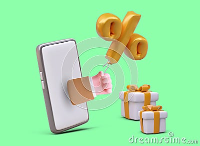 Discount as gift. Realistic hand sticking out of smartphone and holding percentage balloons Vector Illustration