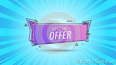 Discount banner shape. Special offer badge. Sale coupon bubble icon. Abstract blue sunbeams background. Modern concept Vector Illustration