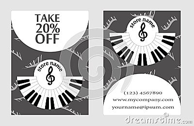 Discount card for the presentation of musical store. advertising design in style of music for presentation. Vector Illustration