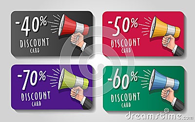 Discount cards with loudspeaker in man hand and pecents off Vector Illustration