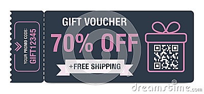 Discount coupon 70 percent off. Gift voucher with percentage marks, qr code and promo codes for website, internet ads Vector Illustration