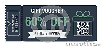 Discount coupon 60 percent off. Gift voucher with percentage marks, qr code and promo codes for website, internet ads Vector Illustration