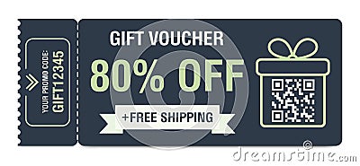 Discount coupon 80 percent off. Gift voucher with percentage marks, qr code and promo codes for website, internet ads Vector Illustration