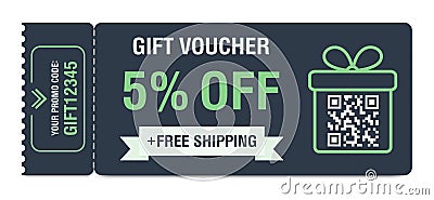 Discount coupon 5 percent off. Gift voucher with percentage marks, qr code and promo codes for website, internet ads Vector Illustration