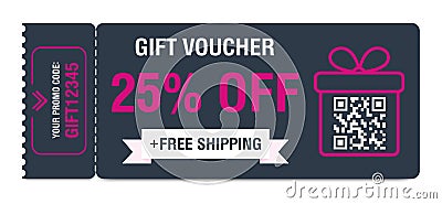 Discount coupon 25 percent off. Gift voucher with percentage marks, qr code and promo codes for website, internet ads Vector Illustration