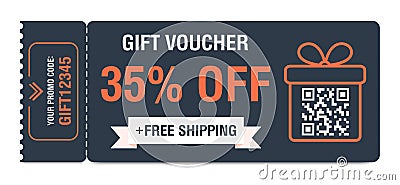 Discount coupon 35 percent off. Gift voucher with percentage marks, qr code and promo codes for website, internet ads Vector Illustration