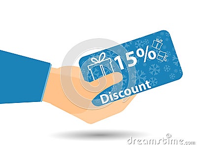 Discount coupons in hand. 15-percent discount. Special offer. Vector Illustration