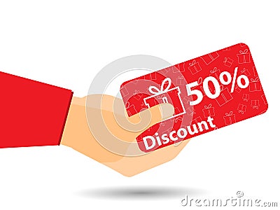 Discount coupons in hand. 50-percent discount. Special offer. Gift boxes on background. Vector Illustration