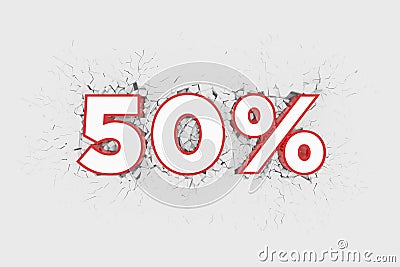 50% Discount 3d Sign breÐ°king wall. Cartoon Illustration