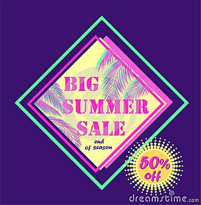 Discount purple label for big summer sale with pink and mint color palm leaves Vector Illustration