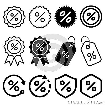 Discount Icon Set, Percentage Icon, Shopping Tags Outline Black, Discount Label, Pricing Tag, Retail Related Badges, Special Offer Vector Illustration