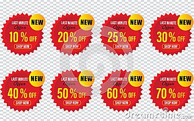 Discount last minute offer tag, 50, 20, 10, 40, 30, 60, 70, 80, 90 percent, badge price discount number Vector Illustration