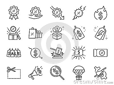 Discount line icon set. Included icons as Sale, Shopping, percent, promotion, badge, clearance and more. Vector Illustration