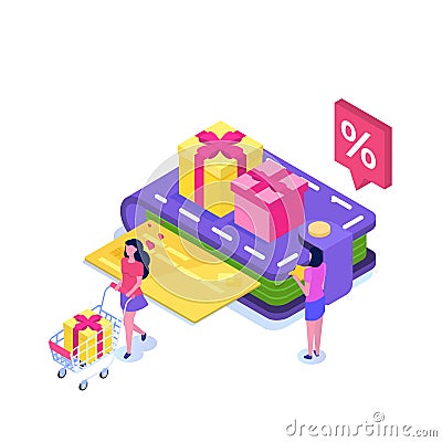 Discount, Loyalty card program and customer service. Vector Illustration