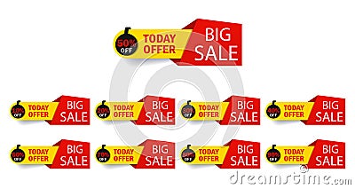 Discount mega sale offer tag 50, 20, 10, 40, 30, 60, 70, 80, 90 percent.Set banner super offer emblem, badge price deal discount Stock Photo