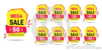 Discount mega sale offer tag 50, 20, 10, 40, 30, 60, 70, 80, 90 percent.Set banner super offer emblem, badge price deal discount Stock Photo